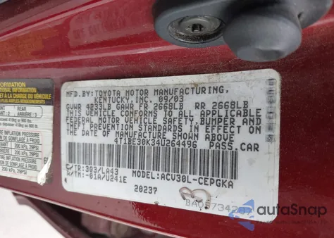 2004 Toyota Camry Xle из США, поврежденный, VIN 4T1BE30K34U264496